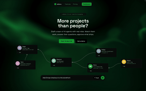 An animated capture of the Aldena landing page, with agents idling in their rooms